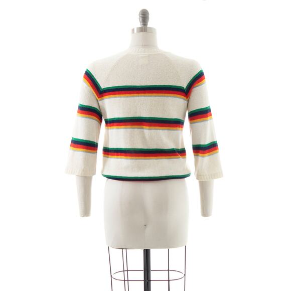 Vintage 1970s Sweater 70s Rainbow Striped Cream Knit Retro Pullover Top - Picture 4 of 9